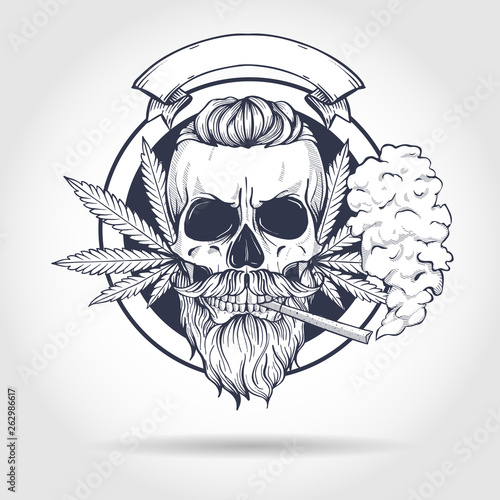 Sketch, skull with beard and mustaches, cigarette, hemp leaf