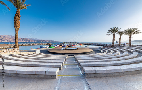 Public amphitheater on central beach of Eilat - famous tourist resort and recreational city in Israel