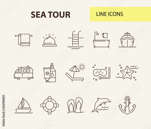 Sea tour line icon set