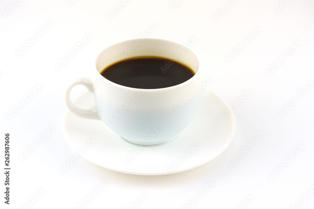 Coffee on white cup and saucer isolated on white background with copy space. Coffee on white cup and saucer isolated on white background with copy space.