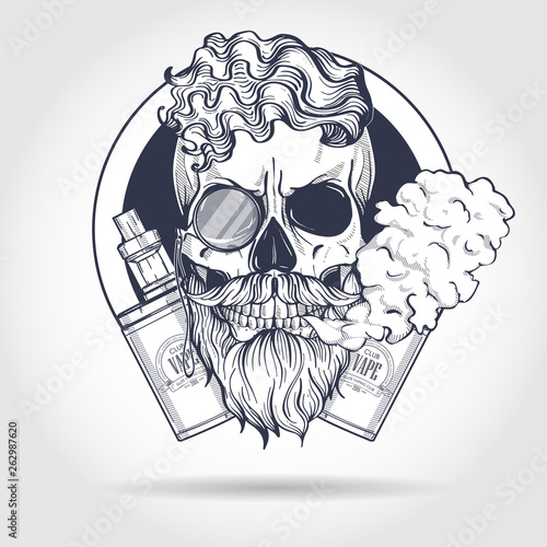 Sketch of hipster skull with beard and mustaches, vaporizer cigarette, rimless eyeglasses and clouds of smoke