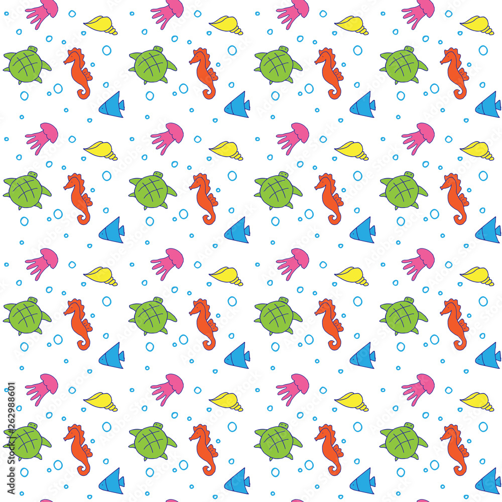 Hand drawn sea creatures vector seamless pattern. Jellyfish, seahorse, shell, fish doodle pattern. Hand drawn sea creatures vector seamless pattern. Jellyfish, seahorse, shell, fish doodle pattern.