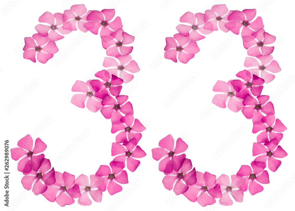 Numeral 33, thirty three, from natural pink flowers of periwinkle, isolated on white background Numeral 33, thirty three, from natural pink flowers of periwinkle, isolated on white background
