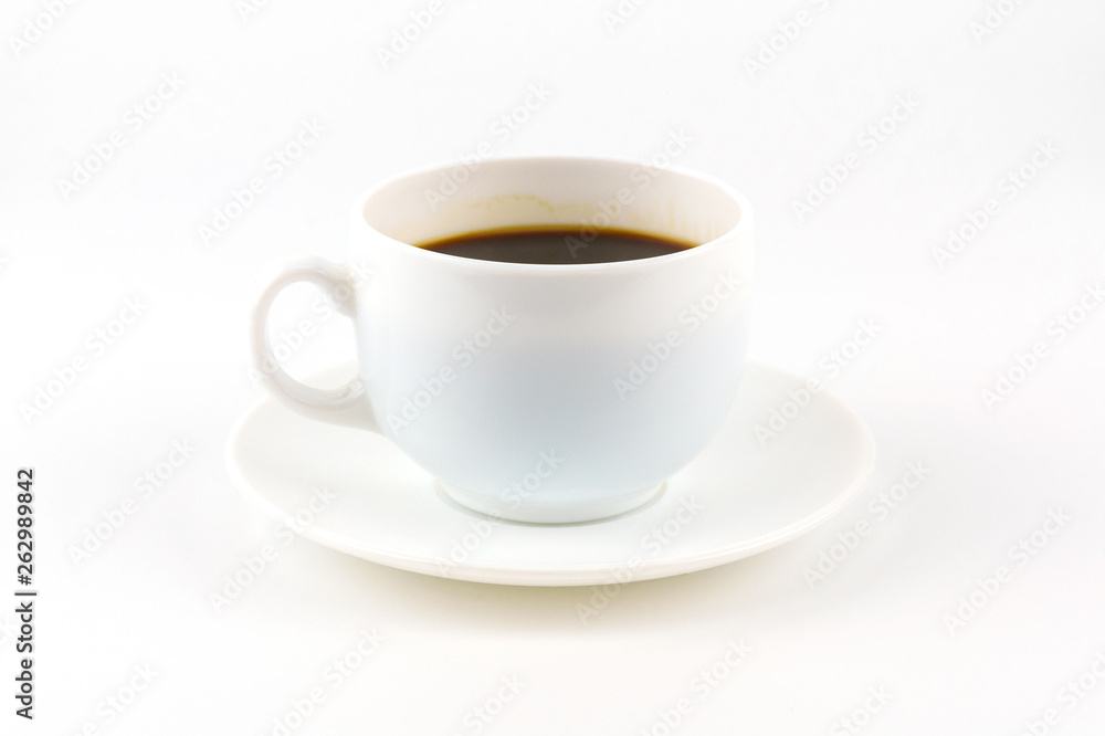 Coffee on white cup and saucer isolated on white background with copy space.