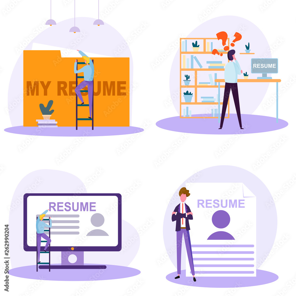 writing a correct resume, a person is looking for a new job, presenting your skills to a new employer, vector image, modern illustration writing a correct resume, a person is looking for a new job, presenting your skills to a new employer, vector image, modern illustration