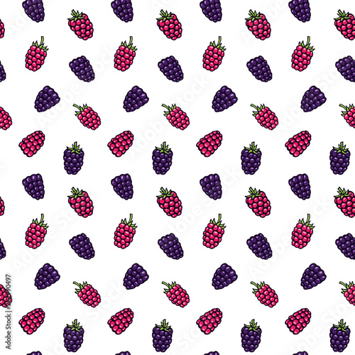 Blackberry (bramble, dewberry) and raspberry hand drawn pattern vector illustration. Bramble berries and raspberry hand drawn sketch seamless pattern.