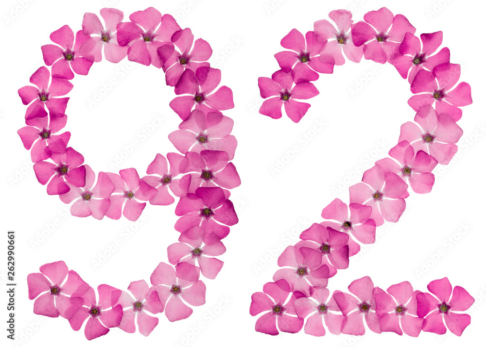 Numeral 92, ninety two, from natural pink flowers of periwinkle, isolated on white background