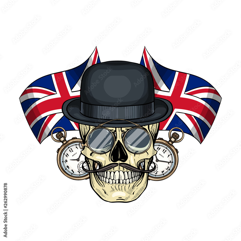 Color british skull with hat bowler and mustaches, rimless eyeglasses ...