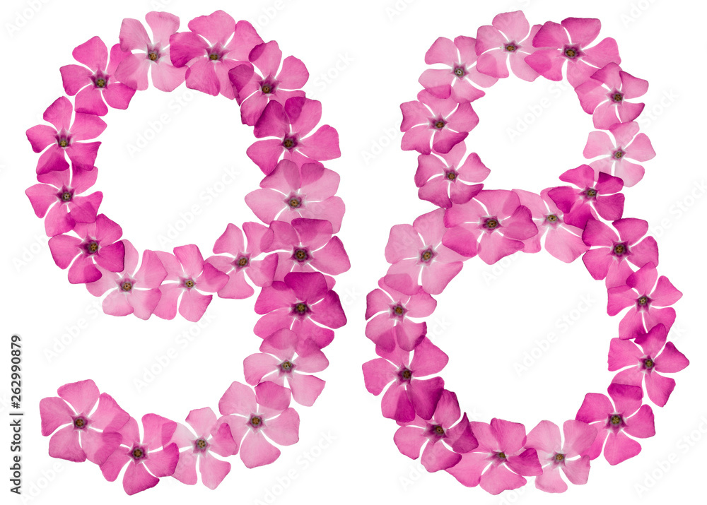 Numeral 98, ninety eight, from natural pink flowers of periwinkle, isolated on white background