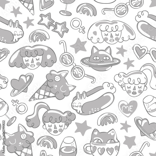 Girls  cat  hotdog  ice cream  stars. Doodle Seamless vector pattern  background .
