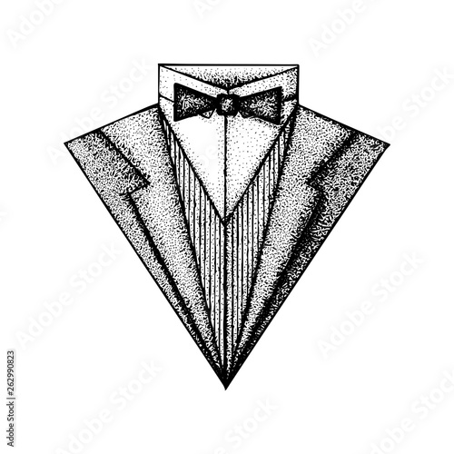 Tailcoat. Hand drawn men's jacket illustration. Sketch drawing men`s suit, tuxedo symbol.