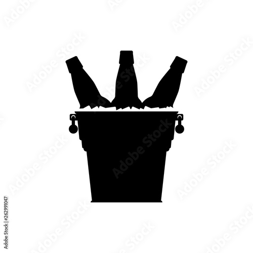 Black silhouettes bottles beer in a metal bucket with handles and ice cubes on white background. Isolated vector icon flat illustration.