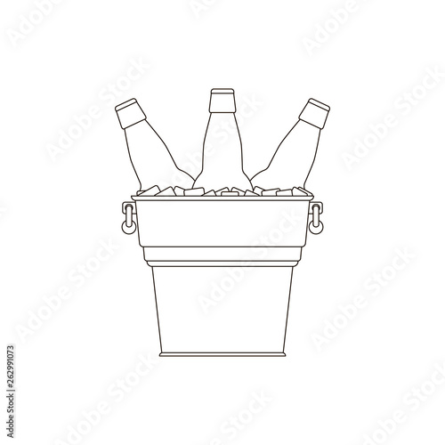 Bottles beer icon. Glass bottles with beer in a metal bucket with ice cubes on white background. Cold beer. Transparent and outline sketches. Isolated vector illustration.