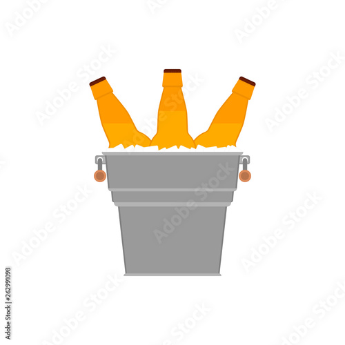Bottles beer icon. Glass bottles filled with beer in a metal bucket with ice cubes on white background. Light beer in green bottles. Isolated vector flat illustration.