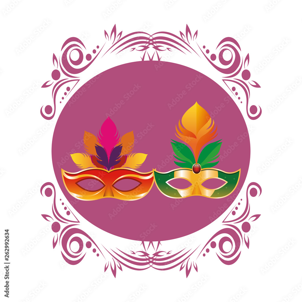 Obraz premium masks with feathers round icon