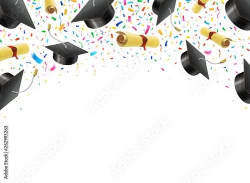 Graduate caps and diplomas flying with multi colored confetti. Academic hats in air with ribbons