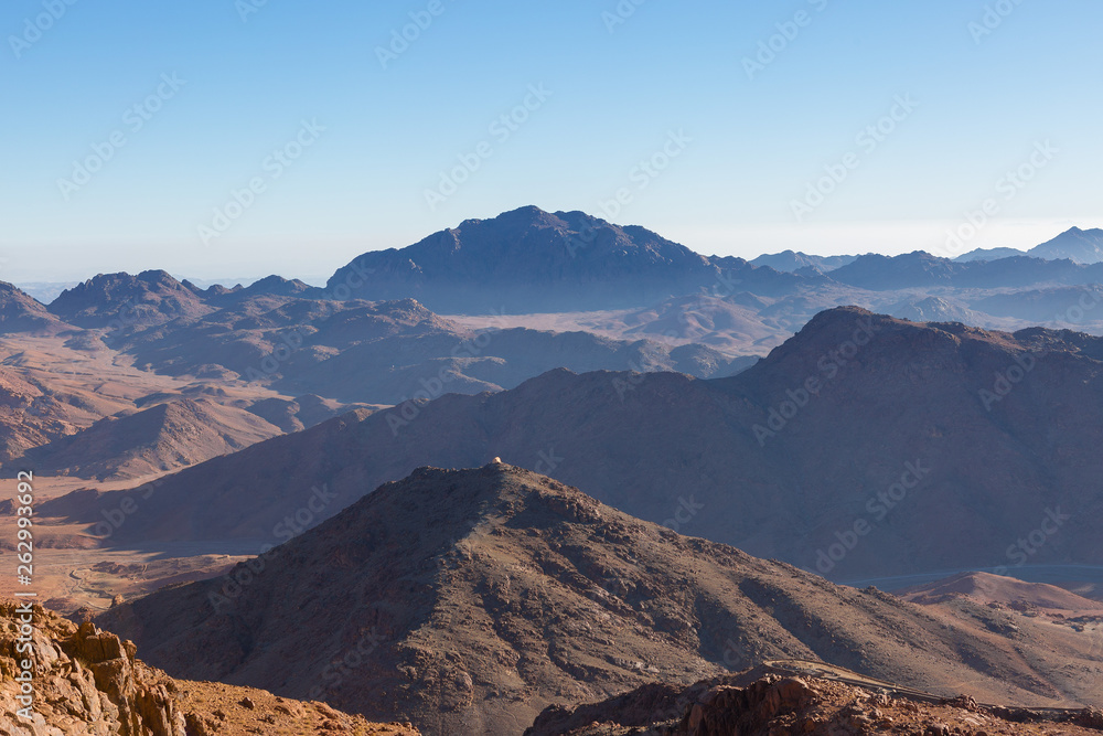 Naklejka premium Amazing Sunrise at Sinai Mountain, Beautiful dawn in Egypt, Beautiful view from the mountain 