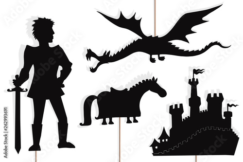 Dragon, knight, castle and horse shadow puppets, isolated.