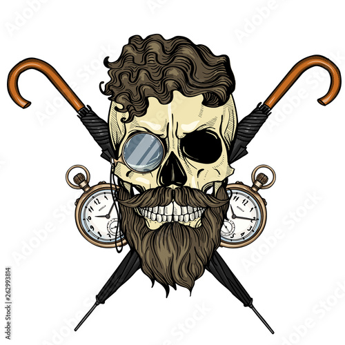 Color british skull with hairstyle, beard and mustaches, rimless eyeglasses, umbrella and pocket watch