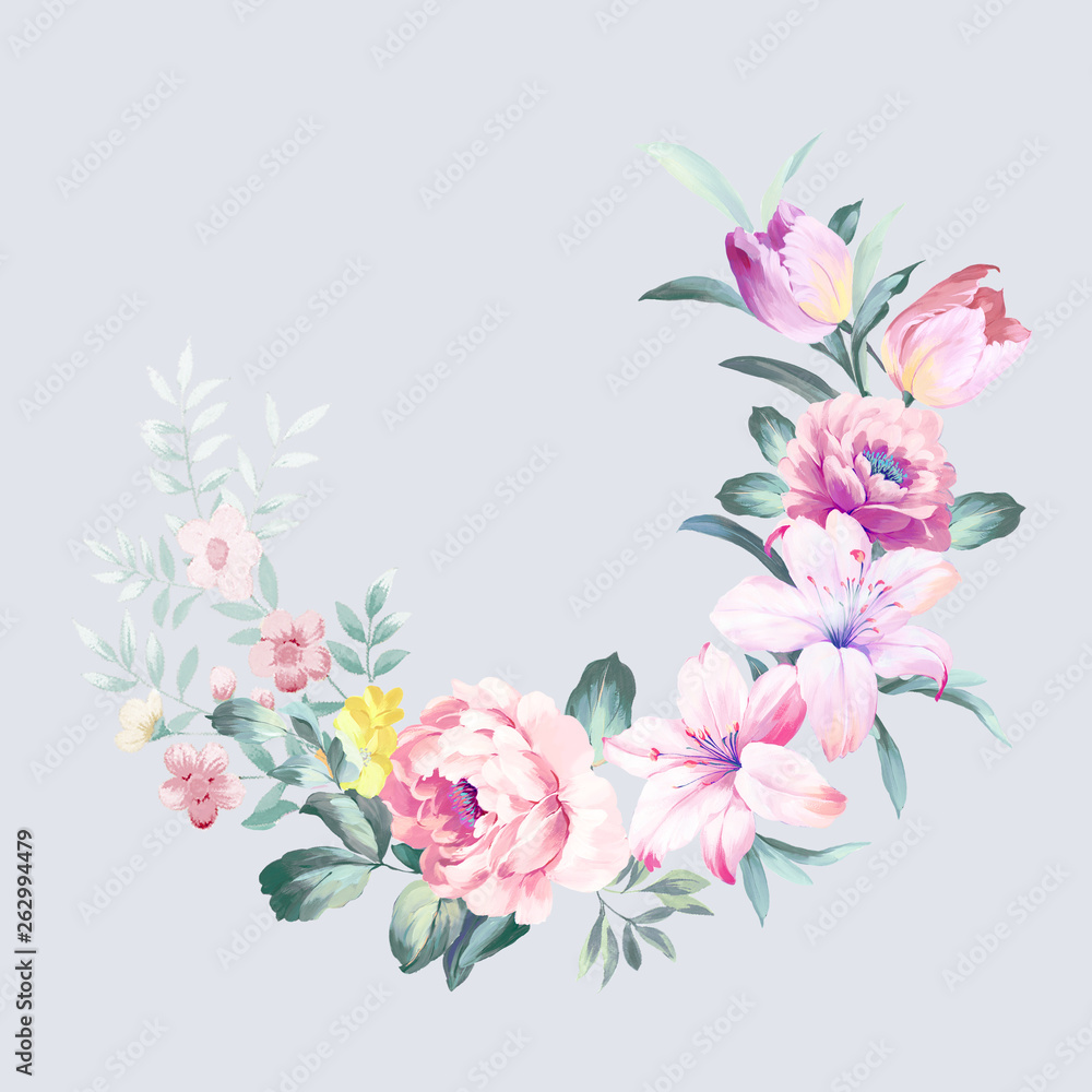Watercolor illustration of a bouquet with a purple and delicate pink rose, leaves and bud, greeting card
