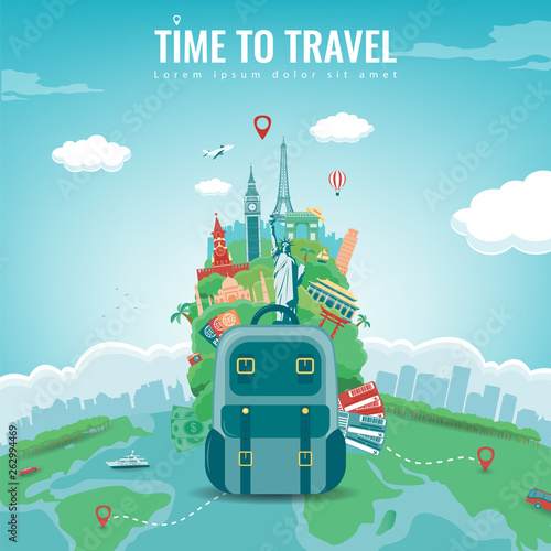 Travel composition with famous world landmarks. Travel and Tourism concept. Vector