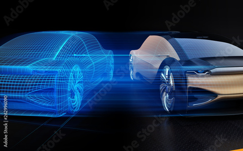 Autonomous electric car and wireframe rendering of the car body on right side. Digital Twin concept.  3D rendering image.