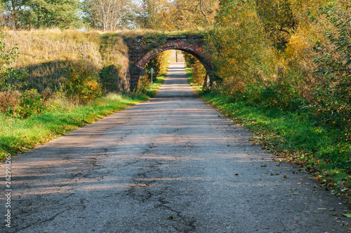 Old arched overpass over the road. Yellowed trees in autumn along the road.