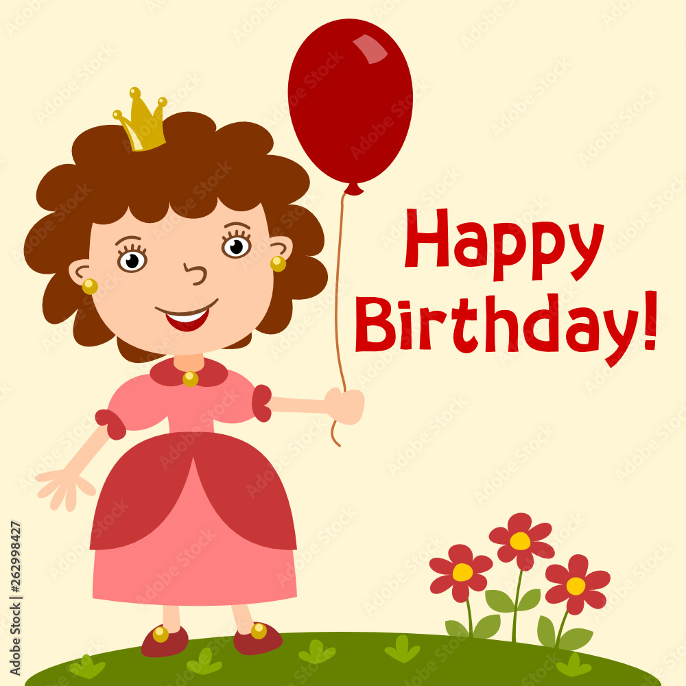 Funny princess in cartoon style with balloon - happy birthday card