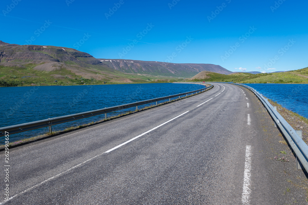 So called Ring Road along Lake Ljosavatn in north part of Iceland So called Ring Road along Lake Ljosavatn in north part of Iceland