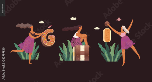 Dessert font ABC- modern flat vector concept digital illustration of temptation font, sweet lettering and girls. Caramel, toffee, biscuit, waffle, cookie, cream and chocolate letters