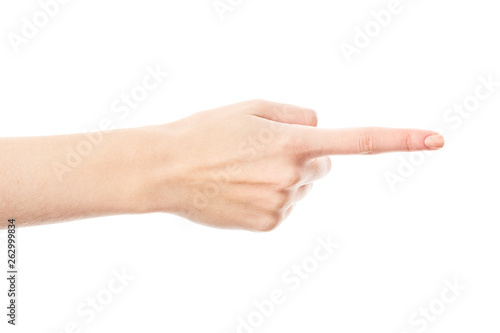 Female hand isolated on white background. White woman's hand showing symbols and gestures. Gesture calling for order. Gesture giving direction photo