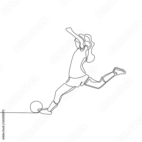One line drawing of women soccer player continuous style