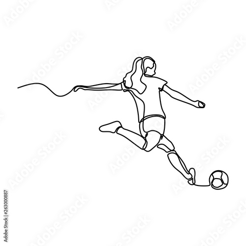 One line drawing of women soccer player continuous style