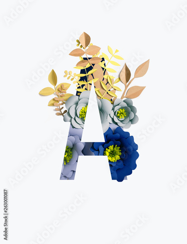 Cyrillic letter with blue paper cut flowers and beige leaves isolated on white