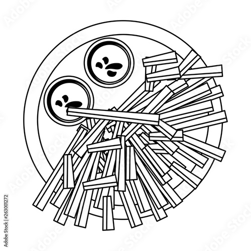 French fries with sauces on dish in black and white