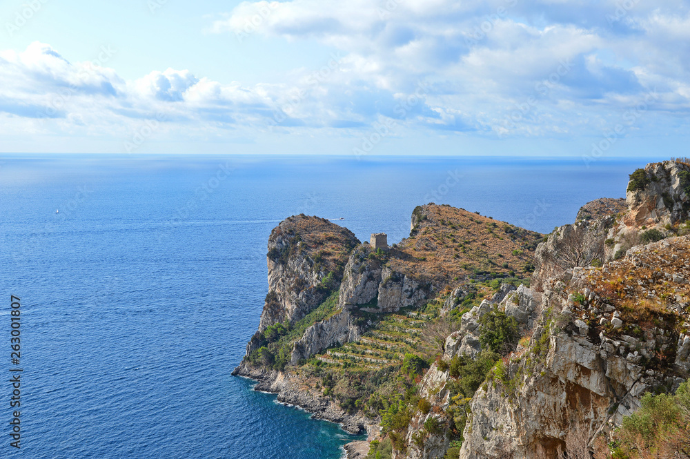 View of landscape on the Amalfi coast, between sea and mountains