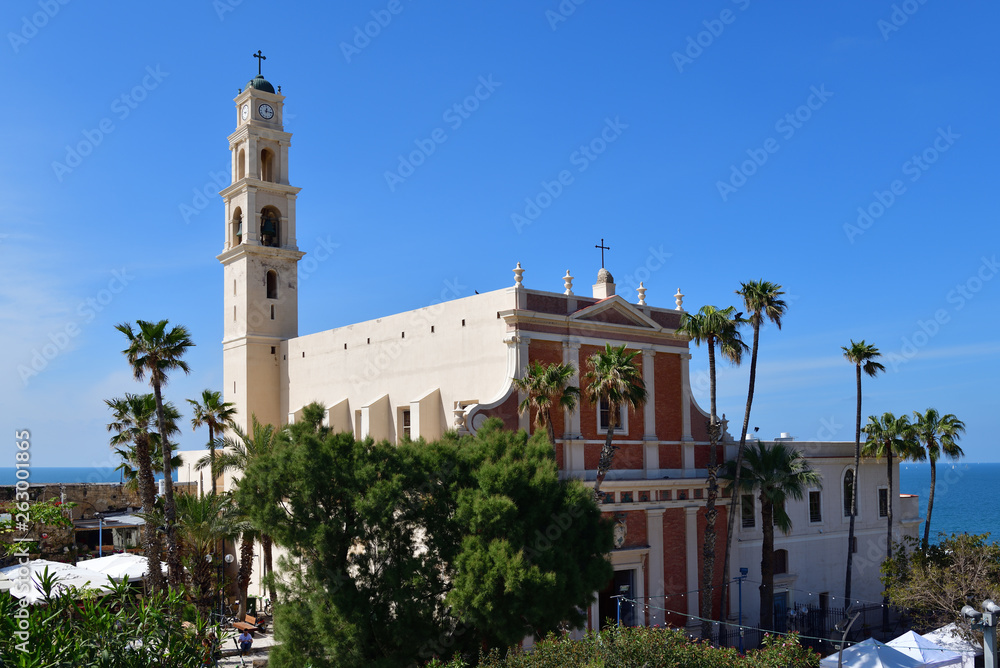 St. Peter's Church. The bell tower with clock of the Church. Jaffa Israel