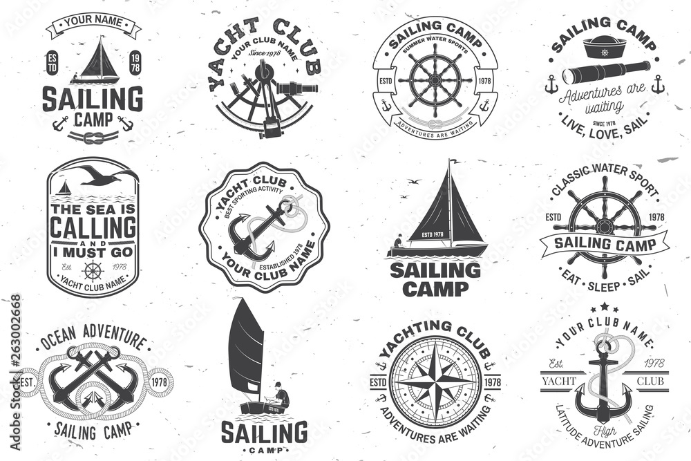Set of sailing camp and yacht club badge. Vector. Concept for shirt, print or tee. Vintage typography design with black sea anchors, hand wheel, compass and sextant silhouette.