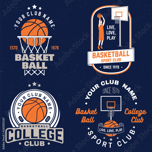Set of basketball club badge. Vector. Graphic design for t-shirt, tee, print or apparel. Vintage typography design with basketball hoop and ball silhouette.