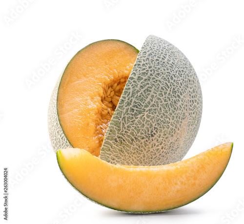 Sliced cantaloupe - Close up, clipping path, cut out. Beautiful tasty fresh ripe rock cantaloup melon fruit with seeds isolated on white background.