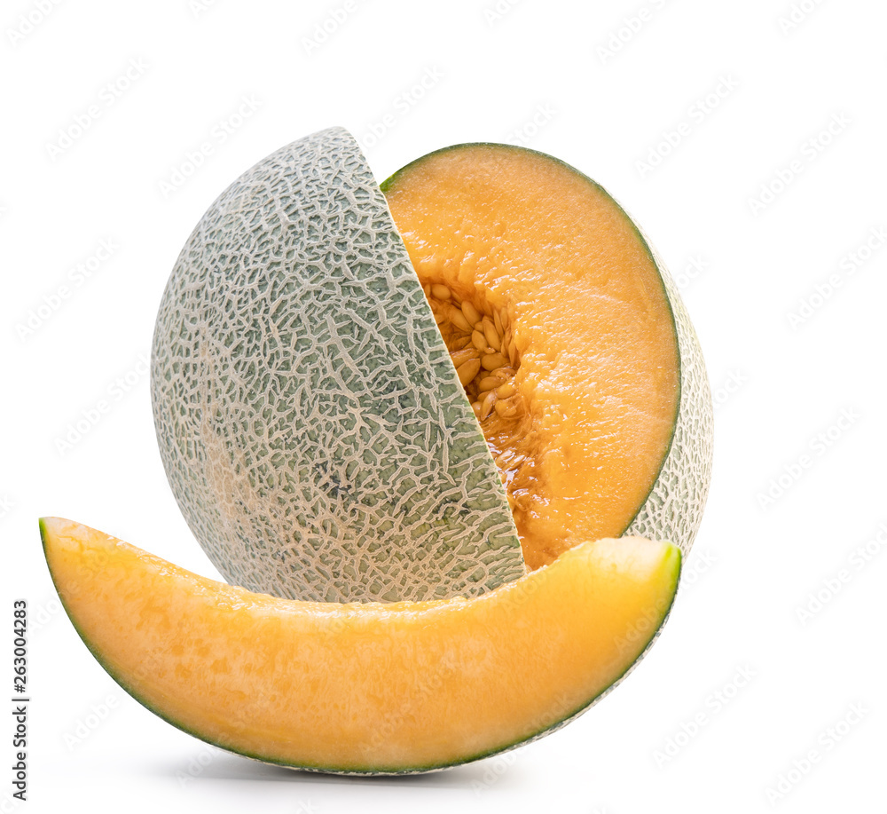 Sliced cantaloupe - Close up, clipping path, cut out. Beautiful tasty fresh ripe rock cantaloup melon fruit with seeds isolated on white background. Sliced cantaloupe - Close up, clipping path, cut out. Beautiful tasty fresh ripe rock cantaloup melon fruit with seeds isolated on white background.