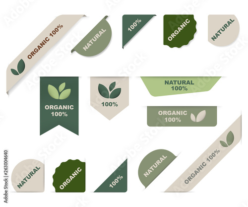 natural tag label and organic label green. modern ribbon banner and badges design.