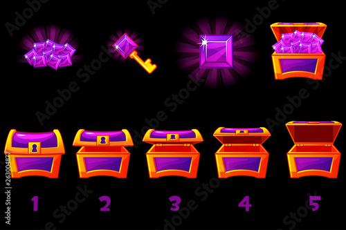 Animated treasure chest with purple precious gem. Step by step, full and empty, open and closed box. Vector Icons on separate layers.