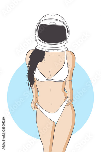 Sexy girl in black panties in space. Cosmic woman wearing astronaut helmet. Futuristic future technologies. Lettering. Vector illustration can be used like postcard, sticker, poster, print for t-shirt