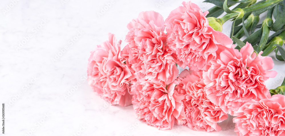 Design concept - Beautiful bunch of carnations on marble white background, top view, copy space, close up, mock up. Mothers day gift idea inspiration. Design concept - Beautiful bunch of carnations on marble white background, top view, copy space, close up, mock up. Mothers day gift idea inspiration.