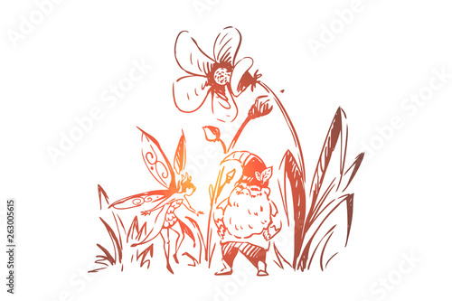 Fictional magical creatures, gnome and fairy, tiny dwarf with beard, cute pixie, imaginary fantastic heroes