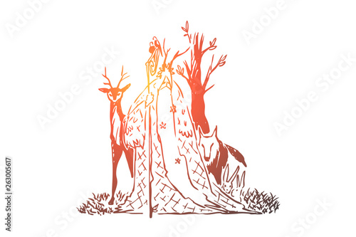 Forest druid with long beard and wooden staff, old wizard, wolf and deer, wise sorcerer, magician with animals