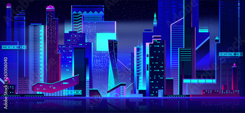 Night city in neon lights. Futuristic cityscape panoramic view background with glowing illumination. Modern town buildings exterior architecture in blue and purple colors. Cartoon vector illustration.