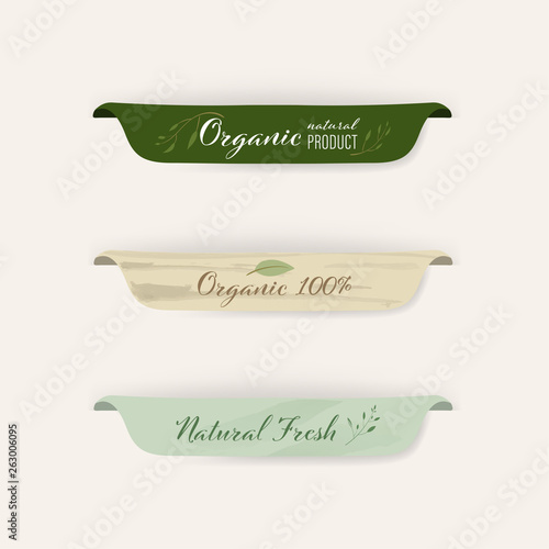 natural label and organic label green color and banner. vintage labels and badges design.