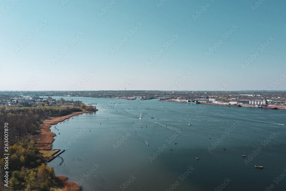 Aerial view of the river Warnow near Rostock during springtime